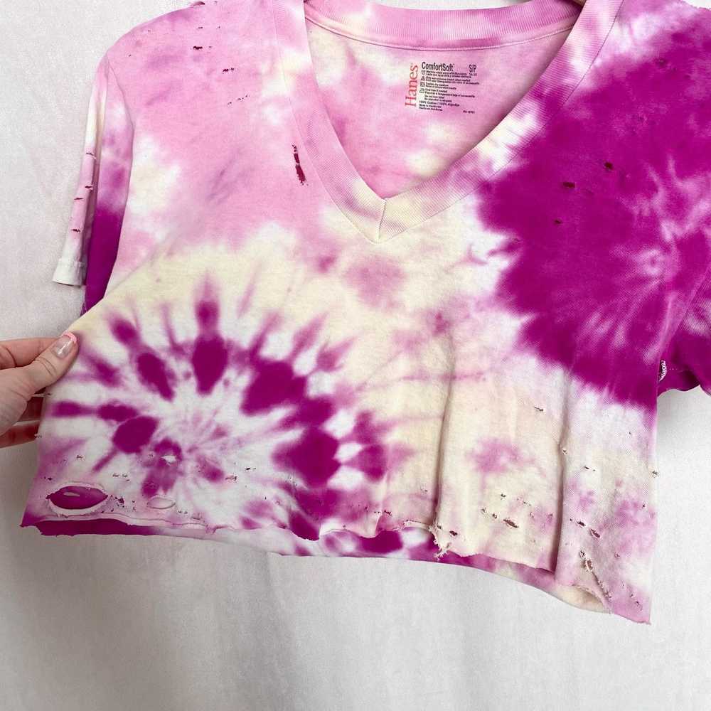 Hanes Upcycled Distressed Pink Purple Tie Dye Cro… - image 4