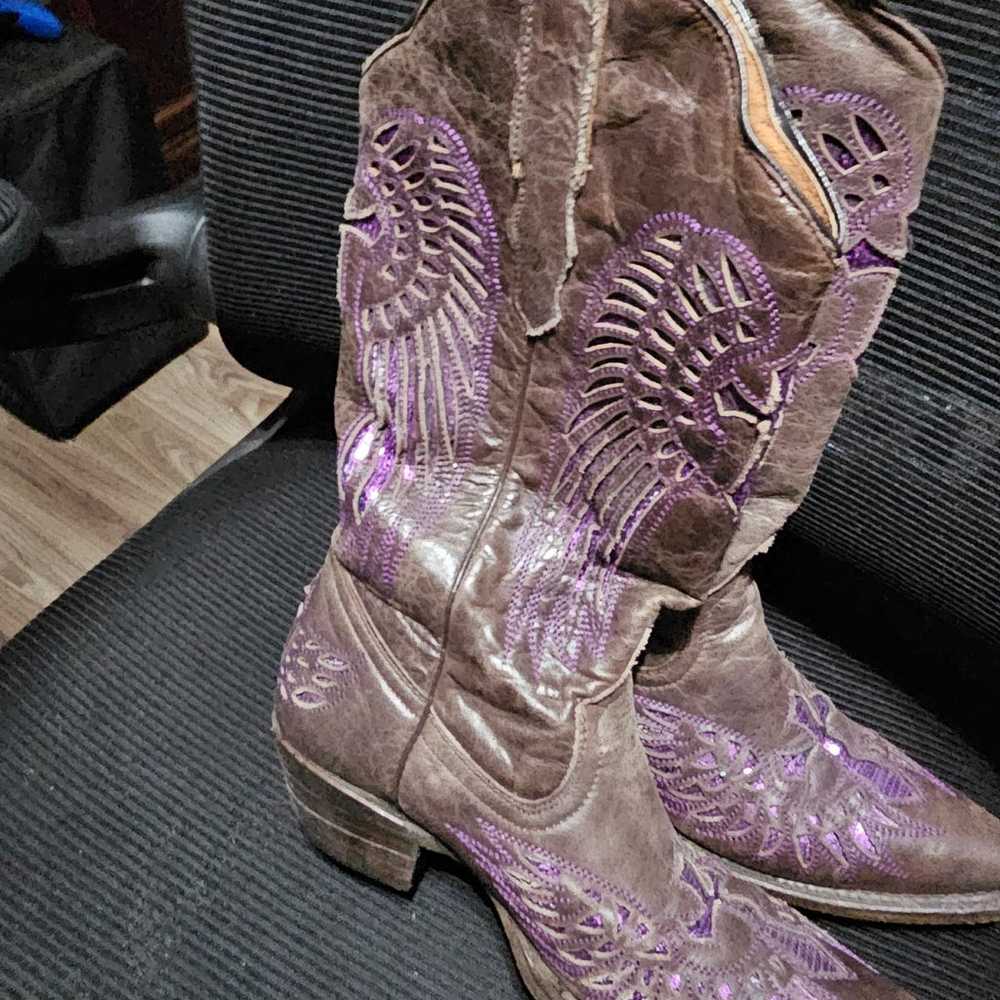 Cowboy Boots 8.5 leather brown with purple sequins - image 2