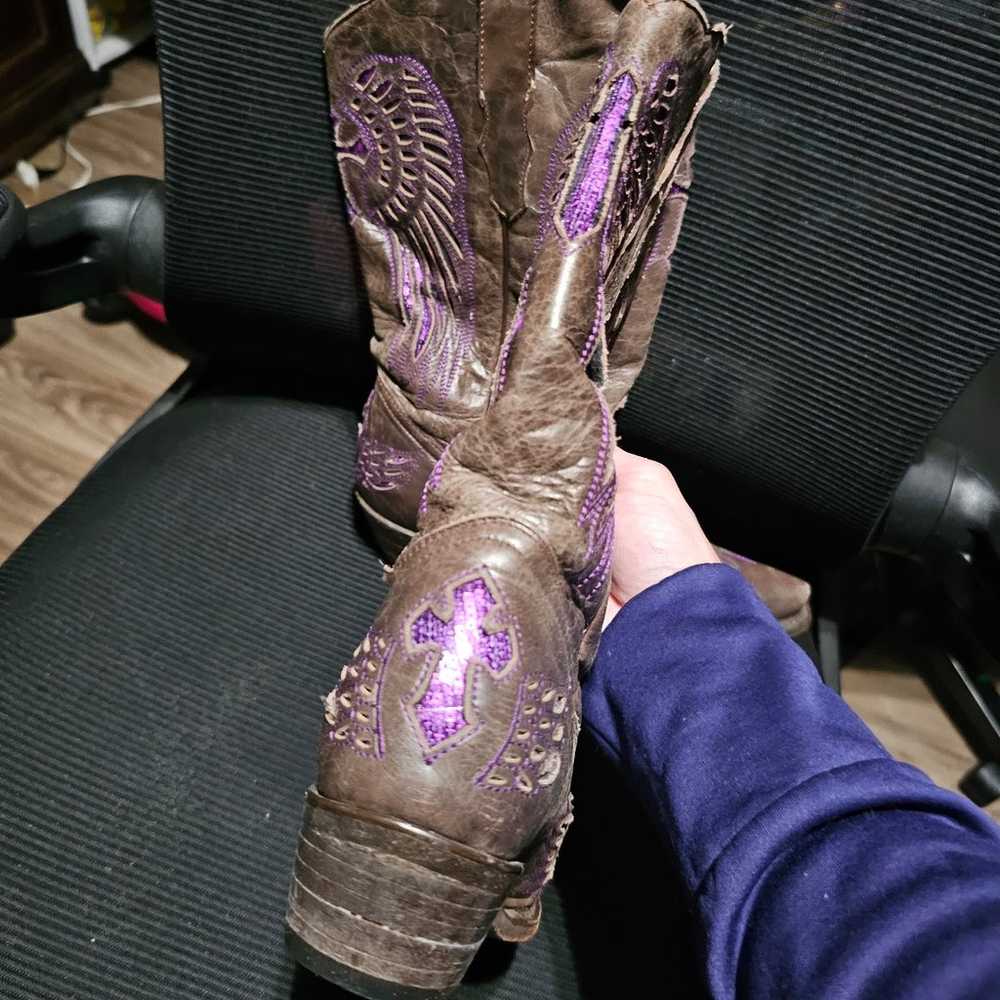 Cowboy Boots 8.5 leather brown with purple sequins - image 5