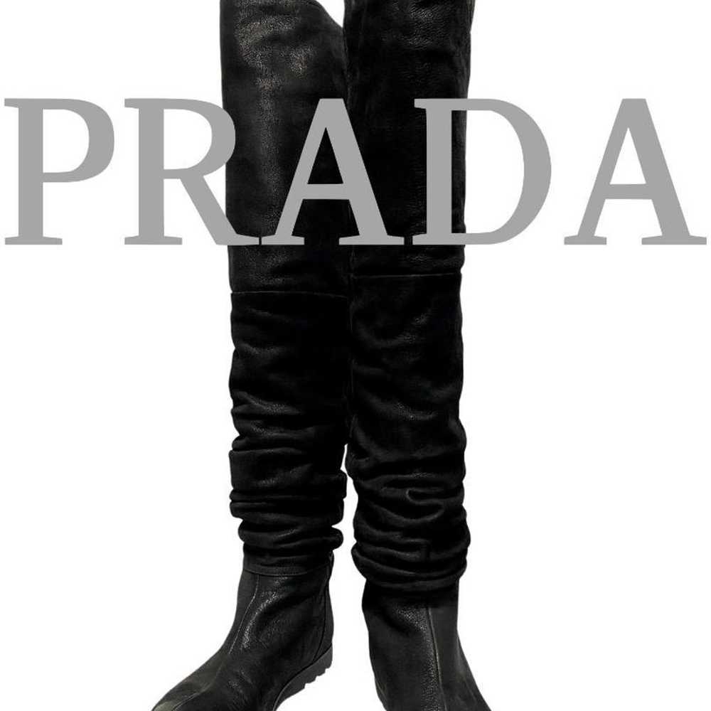 Prada Side Logo Leather Long Boots Black 35 Women… - image 1