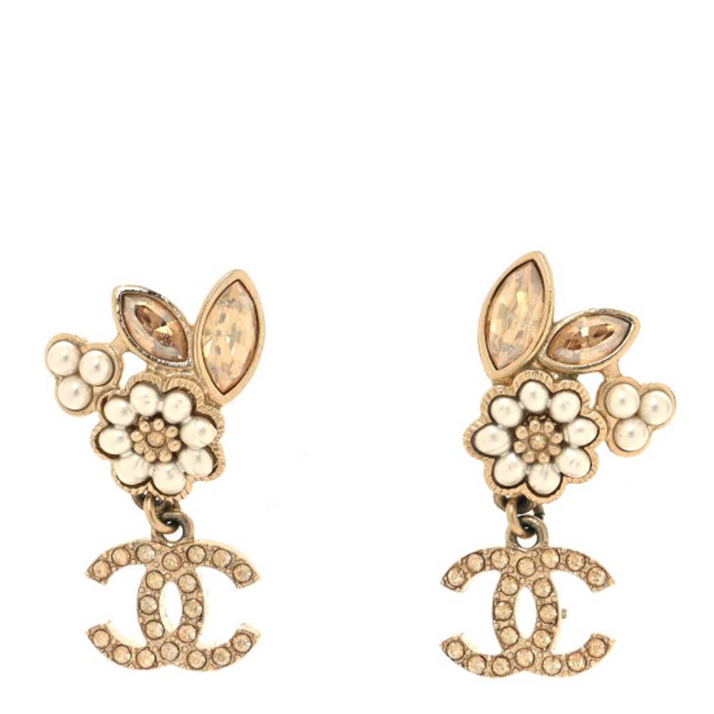 CHANEL Pearl Crystal CC Flower Drop Earrings Gold… - image 1