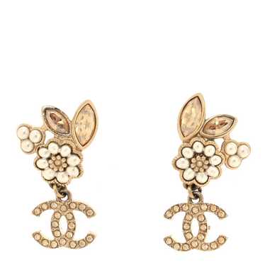 CHANEL Pearl Crystal CC Flower Drop Earrings Gold… - image 1