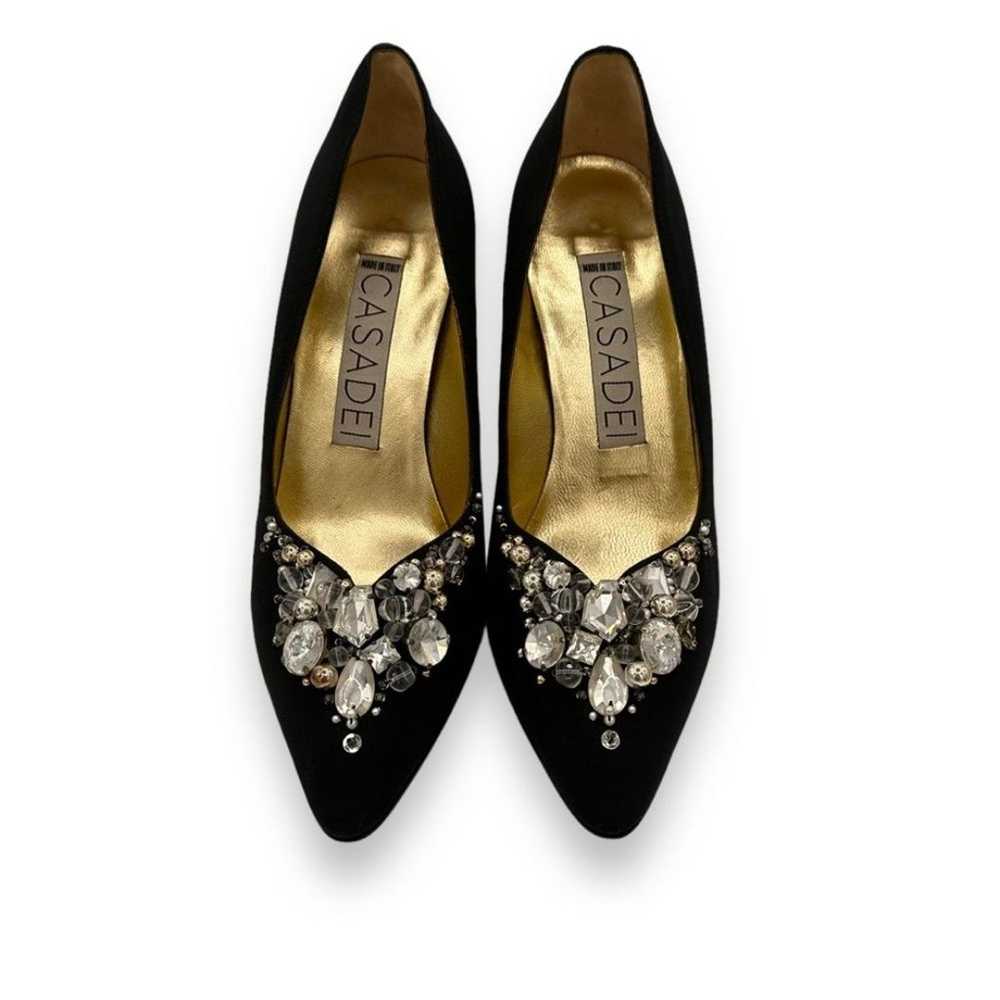 80s Vintage Casadei Black Satin Rhinestone Pump H… - image 11