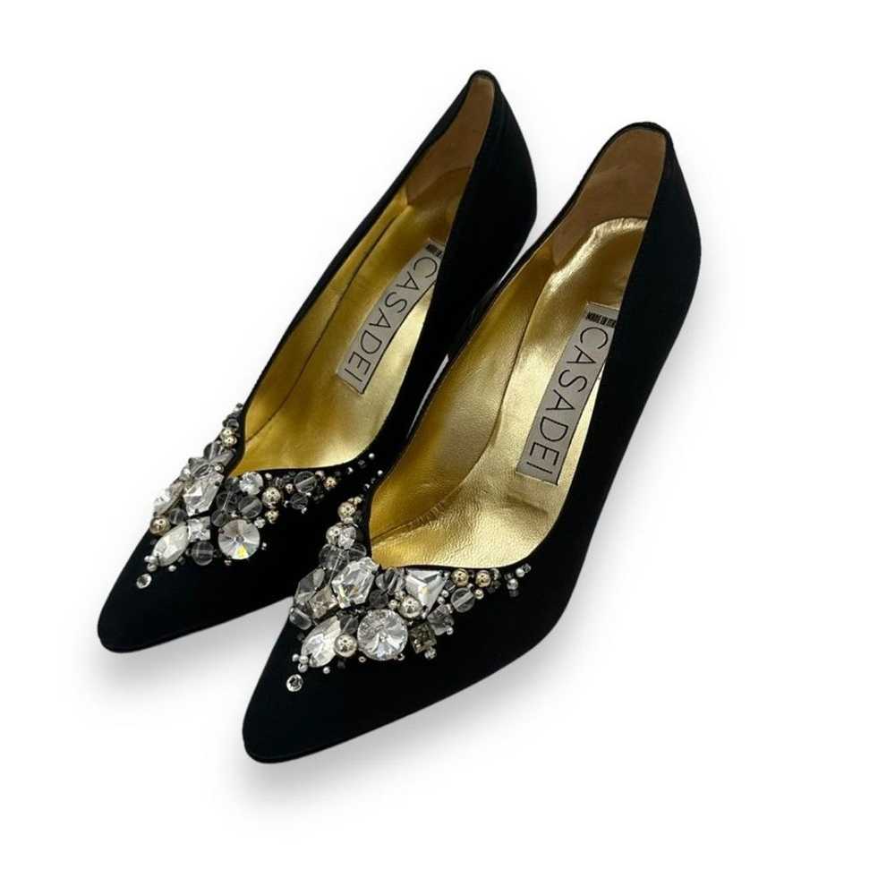 80s Vintage Casadei Black Satin Rhinestone Pump H… - image 12