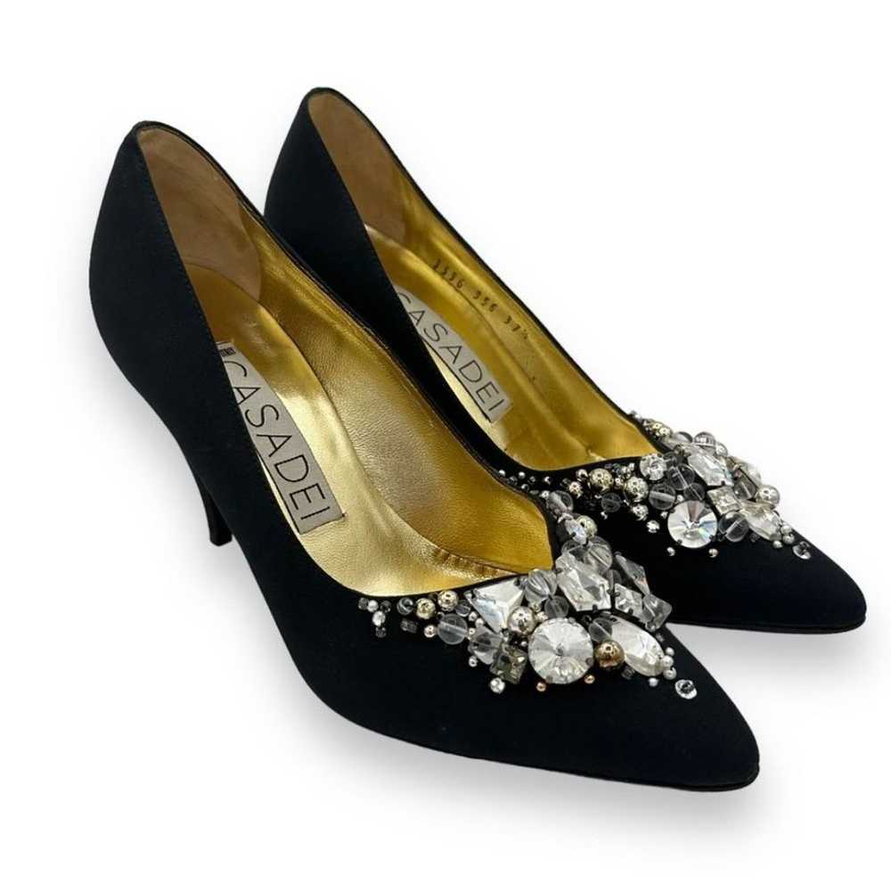 80s Vintage Casadei Black Satin Rhinestone Pump H… - image 1