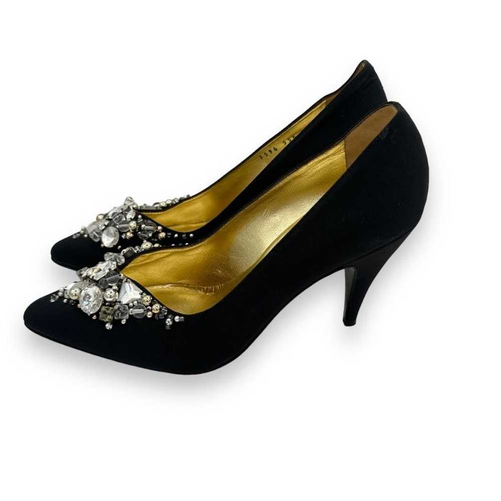 80s Vintage Casadei Black Satin Rhinestone Pump H… - image 2