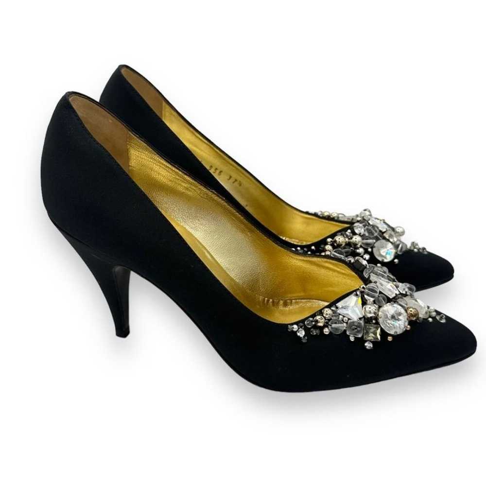 80s Vintage Casadei Black Satin Rhinestone Pump H… - image 3