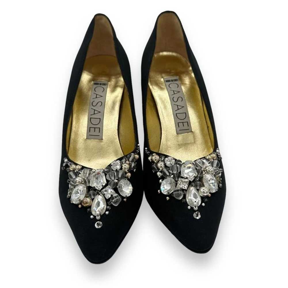 80s Vintage Casadei Black Satin Rhinestone Pump H… - image 9