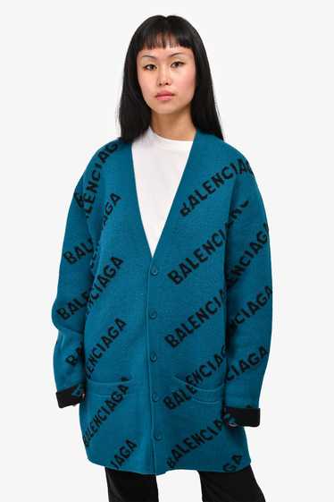 Balenciaga Teal/Black Wool Logo All Over Cardigan 