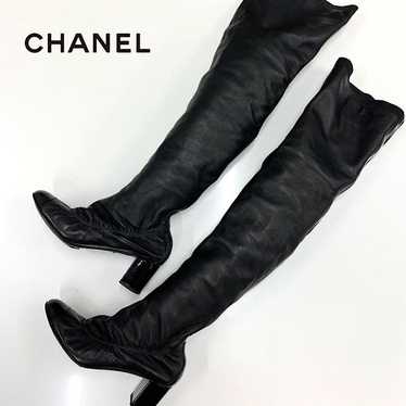 Chanel Leather Patent Coco Mark Knee-High Boots Bl