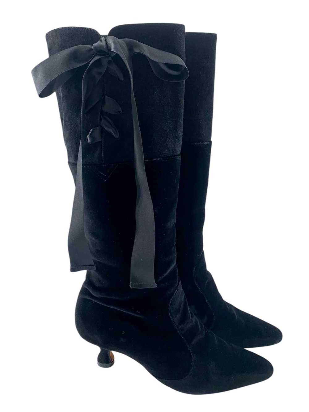 Manolo Blahnik Black Velvet & Suede Lace Up Knee … - image 3