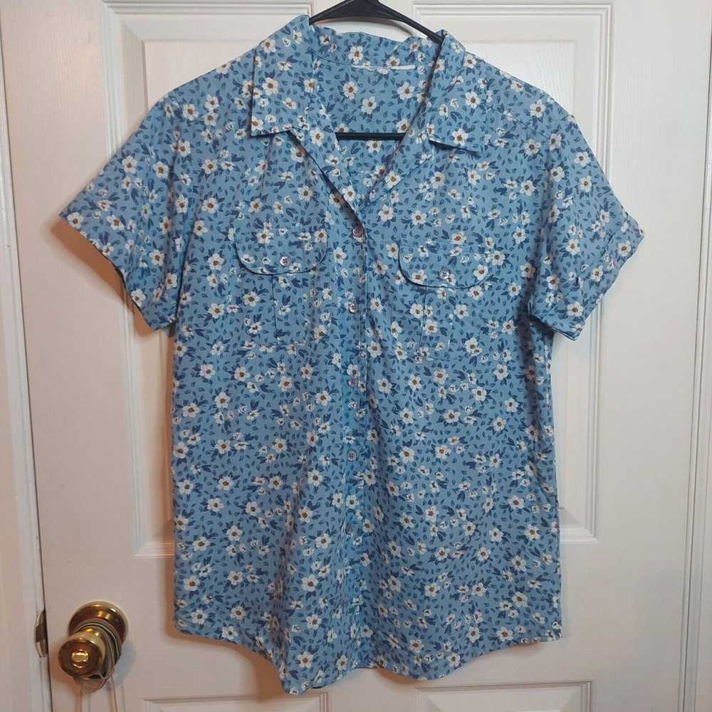 Vintage Blue White Ditsy Floral Daisy Print Short… - image 1