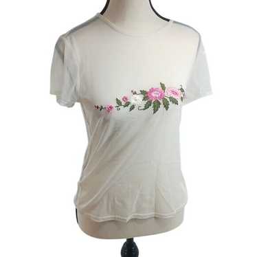 New York & Company T Shirt Y2K Sheer Mesh Floral … - image 1