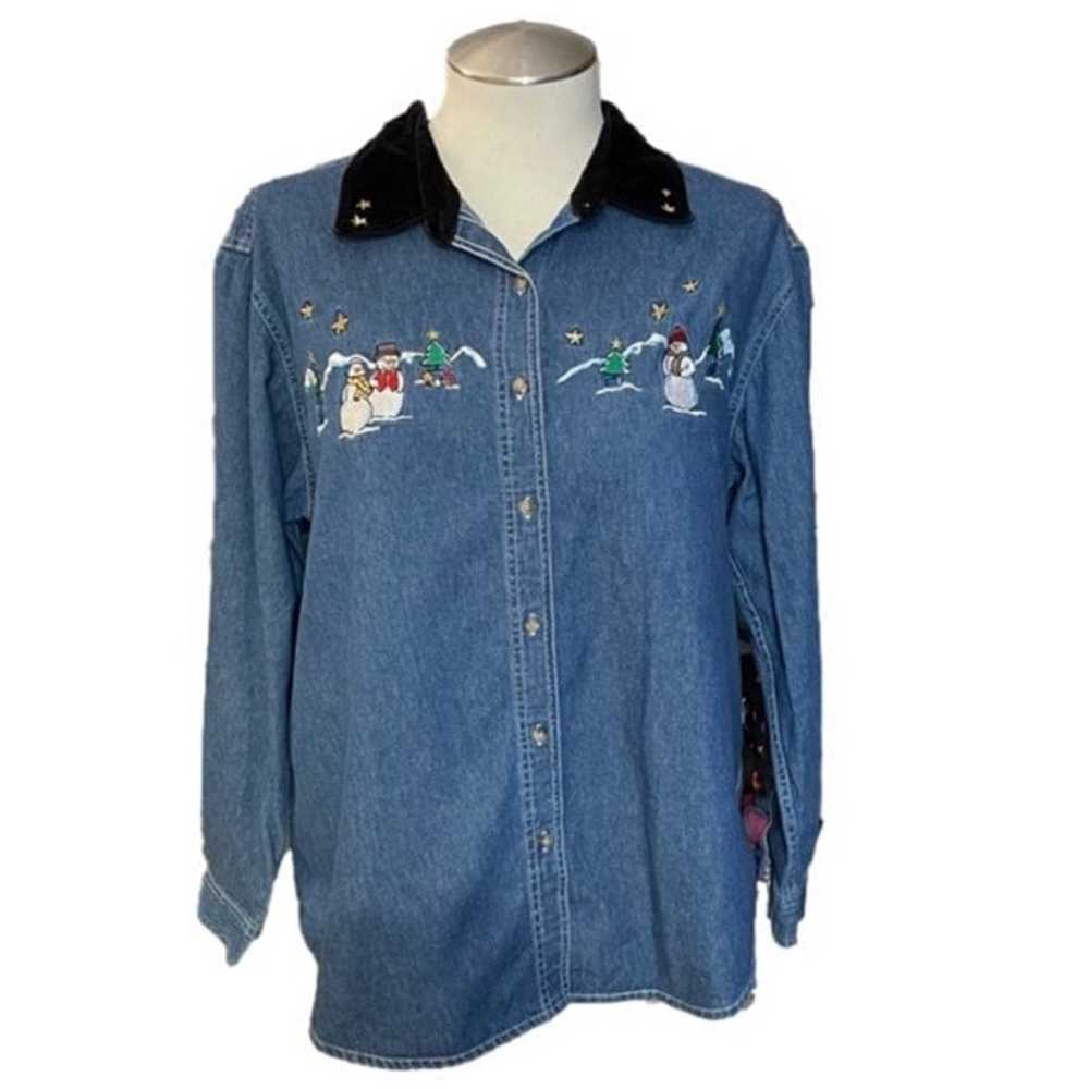 Vintage Y2K Embroidered Snowman Button Down Blue … - image 1