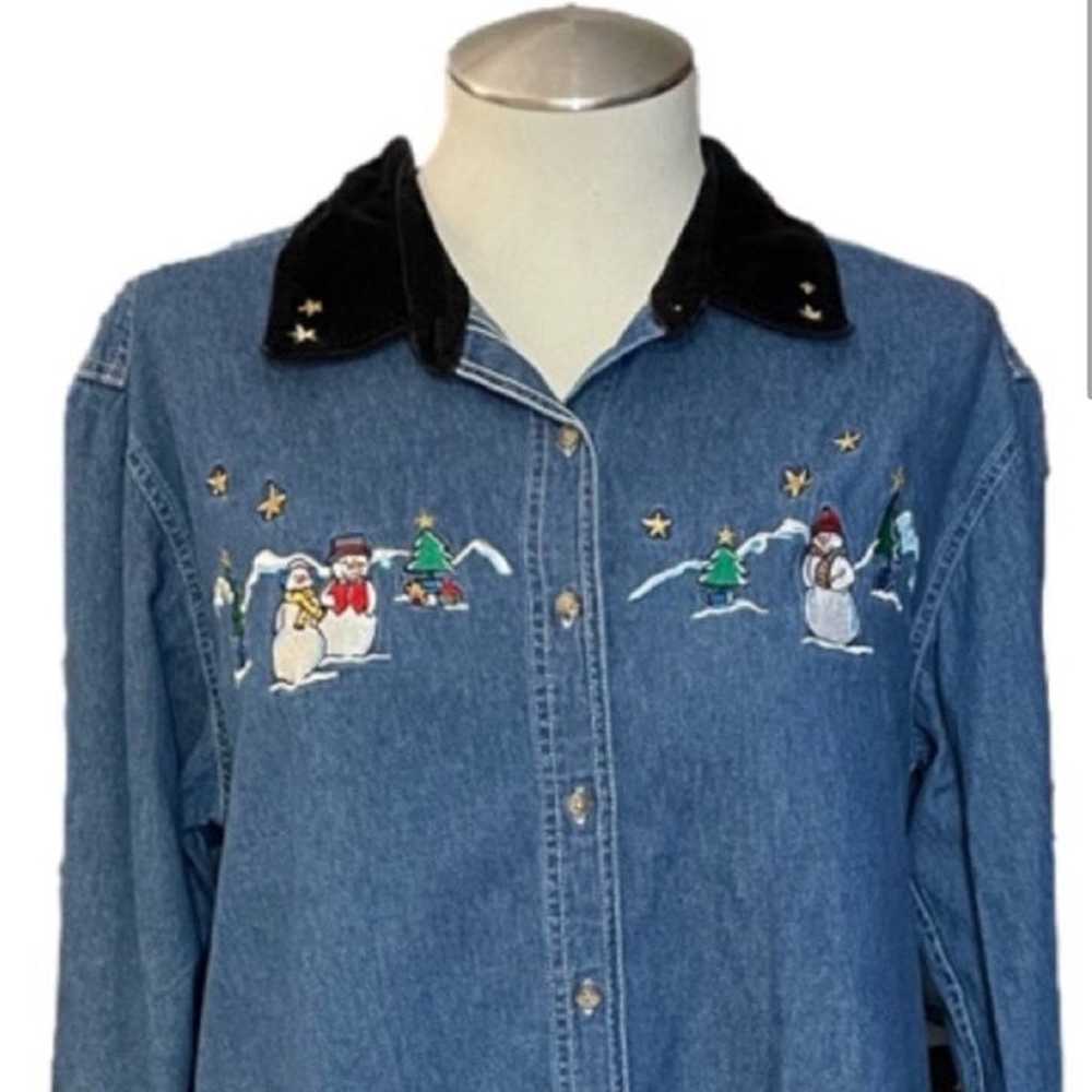 Vintage Y2K Embroidered Snowman Button Down Blue … - image 2