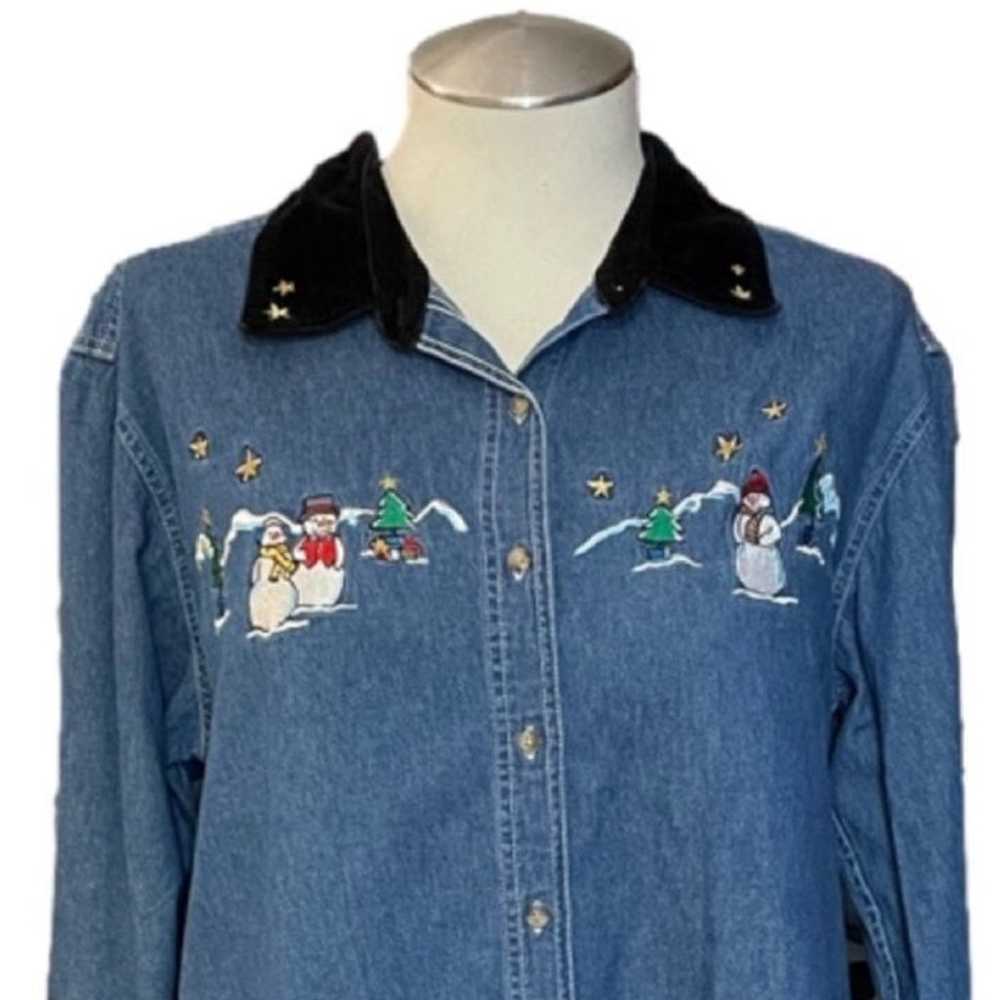 Vintage Y2K Embroidered Snowman Button Down Blue … - image 6