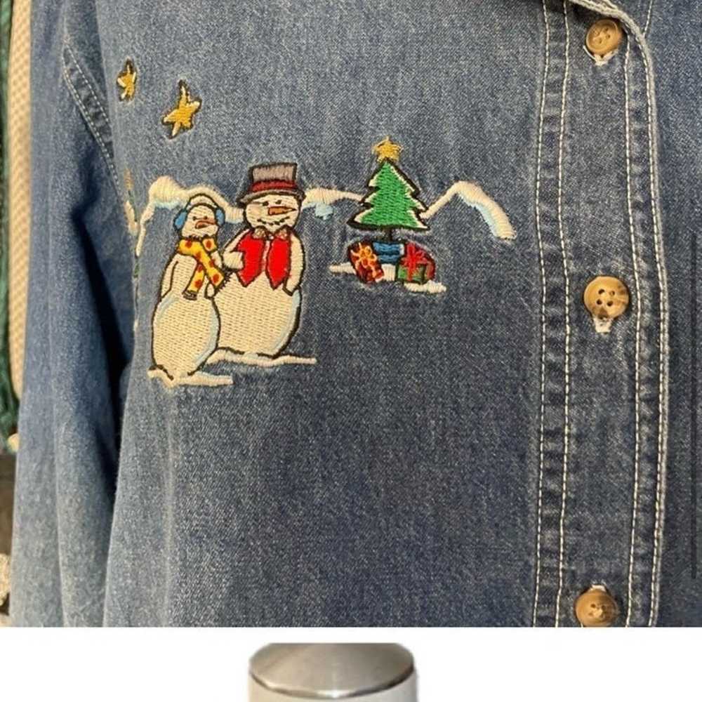 Vintage Y2K Embroidered Snowman Button Down Blue … - image 7