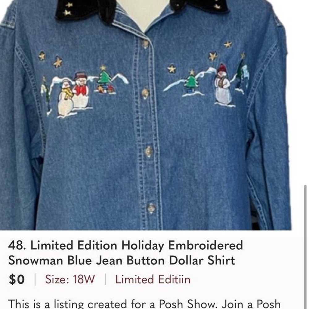 Vintage Y2K Embroidered Snowman Button Down Blue … - image 8