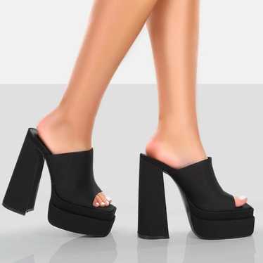 Public Desire Black Satin Skyhigh Platform Heels