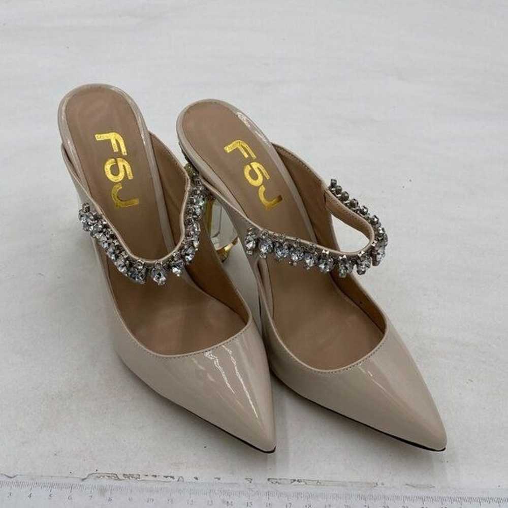 FSJ Beige Crystal Chunky Heeled Mules Rhinestone … - image 2