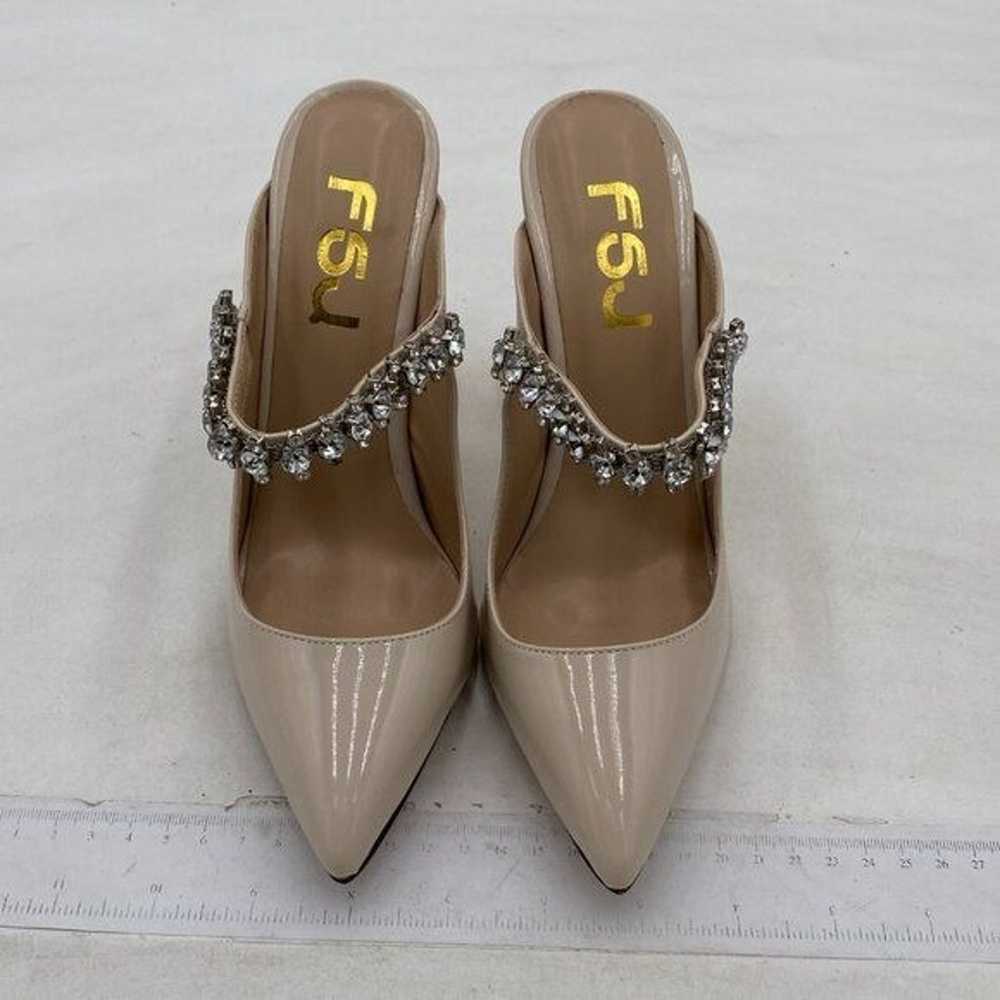 FSJ Beige Crystal Chunky Heeled Mules Rhinestone … - image 3