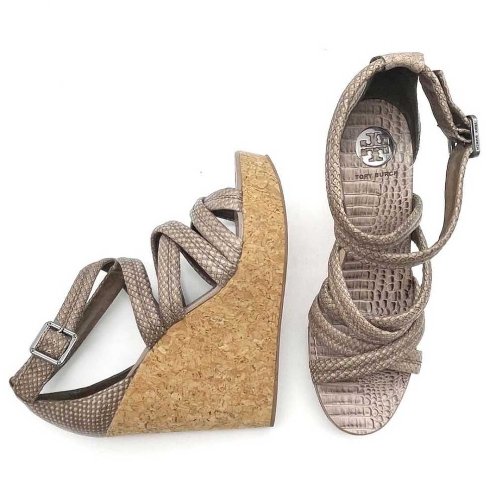 Tory Burch Taupe Python Embossed Leather Strappy … - image 3