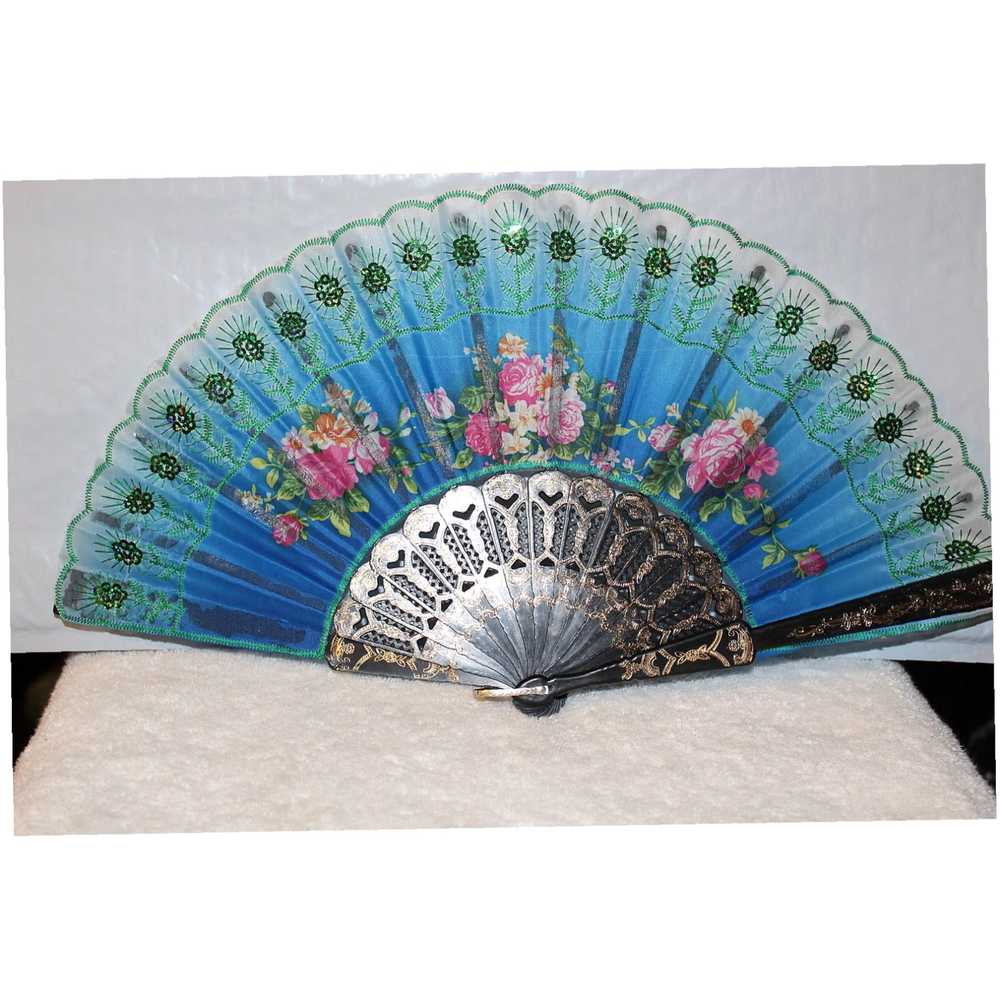 Vintage Small Handheld Fan Adorned with Delicate … - image 1