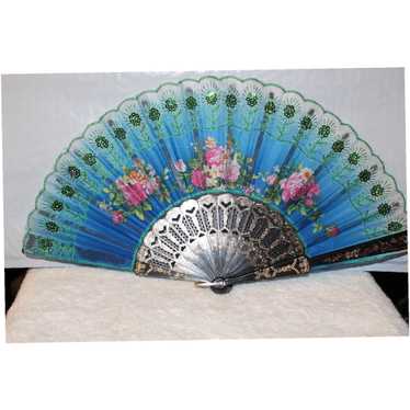 Vintage Small Handheld Fan Adorned with Delicate … - image 1