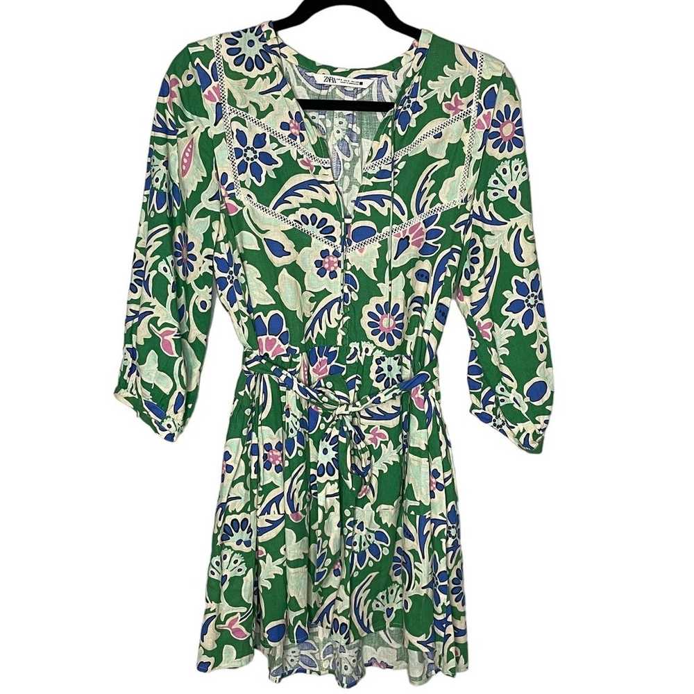 Zara Women's Green Tropical Floral Popover Mini D… - image 1