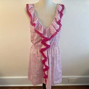 Ann Taylor Pink Dot V-neck Ruffle Dress Pink - Siz