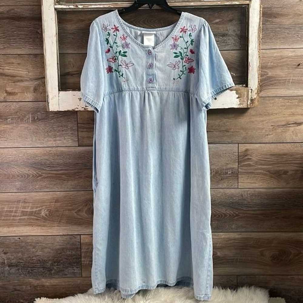 NATIONAL Denim House Dress Embroidered Floral But… - image 1