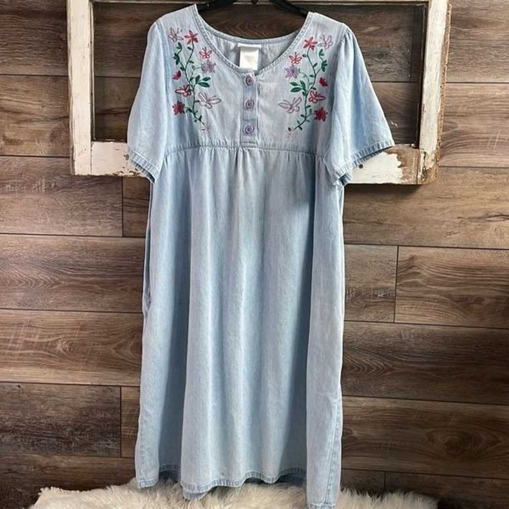 NATIONAL Denim House Dress Embroidered Floral But… - image 2