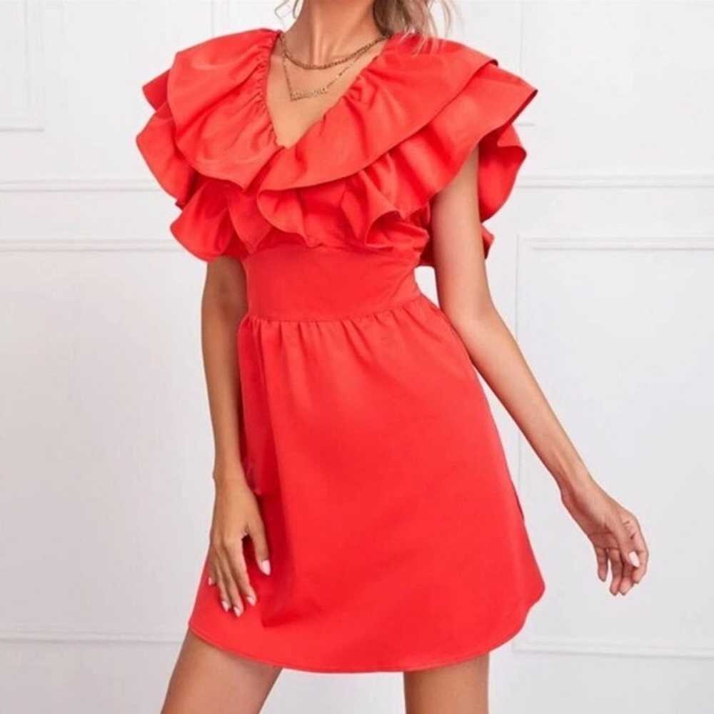 Zara Ruffled V Neck Red Orange Mini Dress Size Sm… - image 1