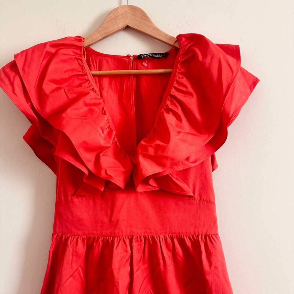 Zara Ruffled V Neck Red Orange Mini Dress Size Sm… - image 2