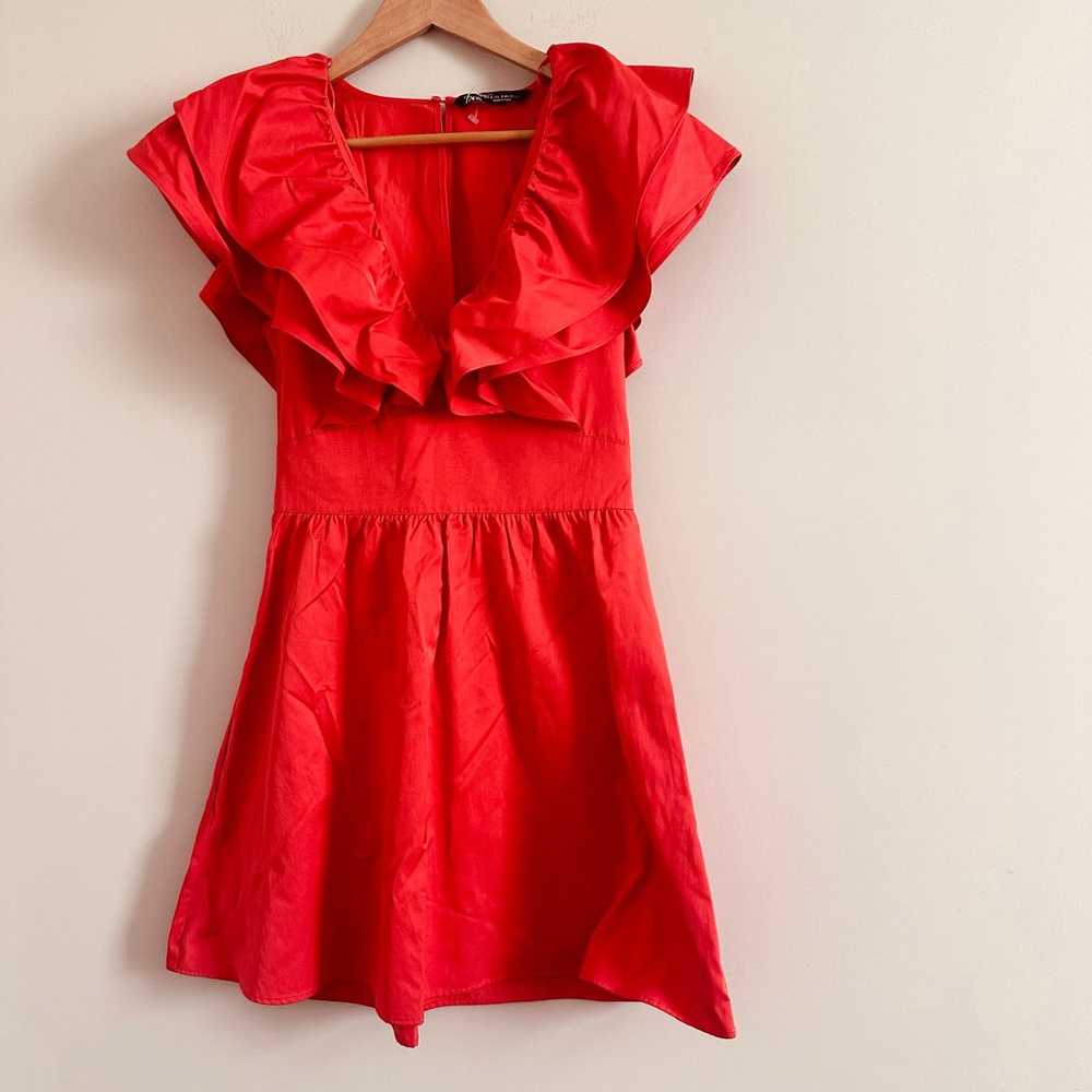 Zara Ruffled V Neck Red Orange Mini Dress Size Sm… - image 3