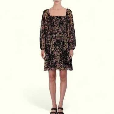 BCBG Paris Smocked Long Sleeve Black Floral Dress 