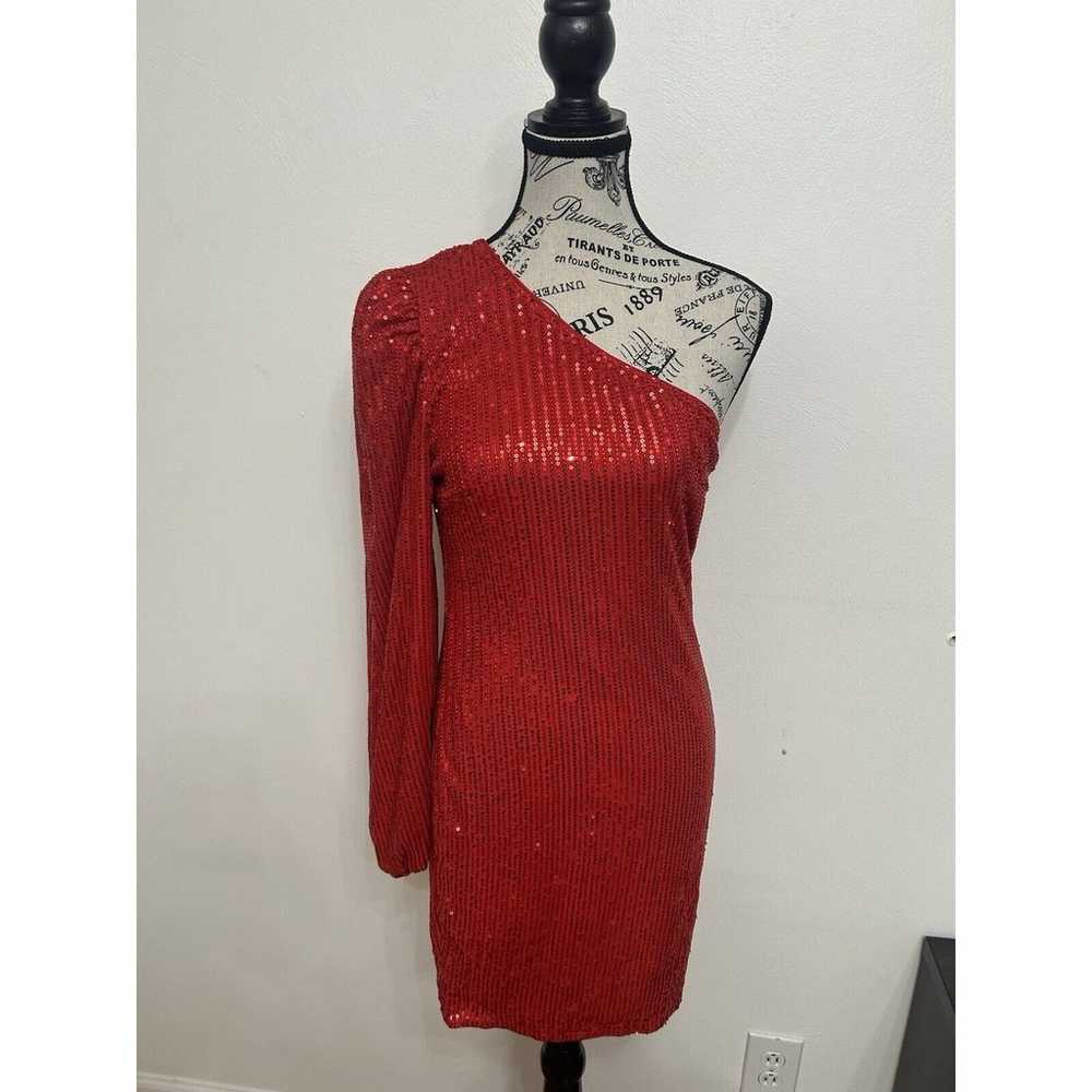 Red Sequin Midi Dress /One Shoulder Festive Holid… - image 1