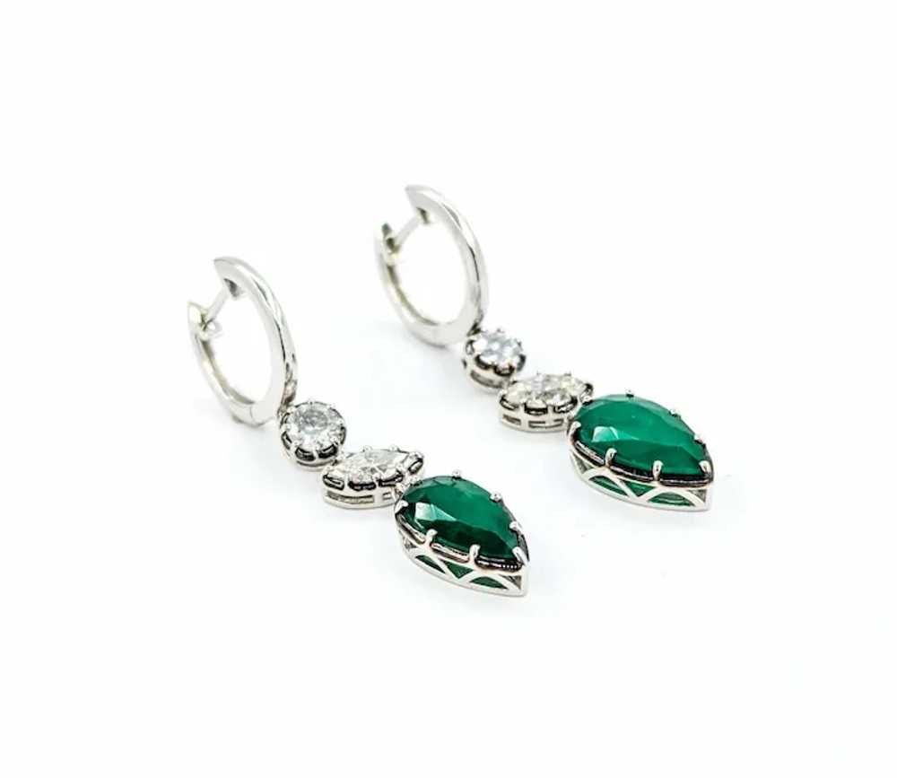 Emerald and Diamond Dangle Earrings in Platinum - image 3