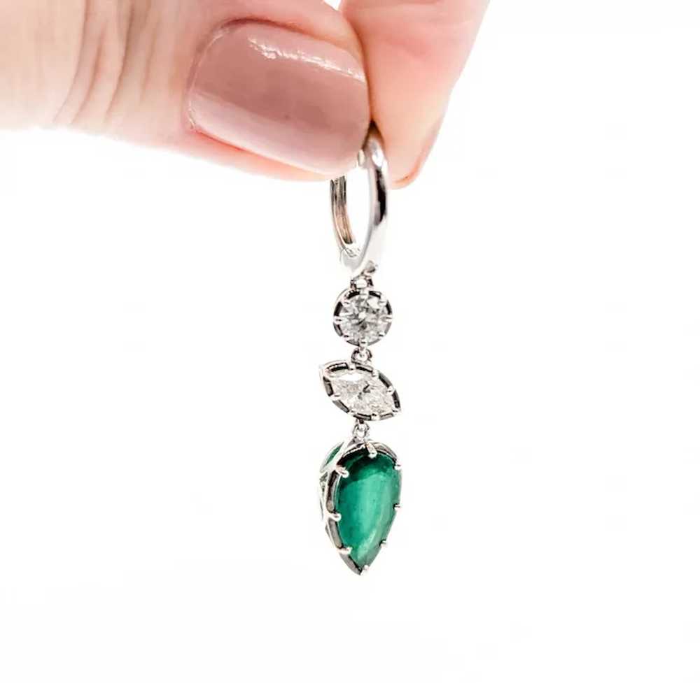 Emerald and Diamond Dangle Earrings in Platinum - image 5