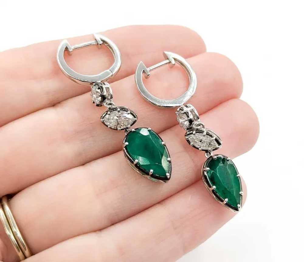 Emerald and Diamond Dangle Earrings in Platinum - image 6