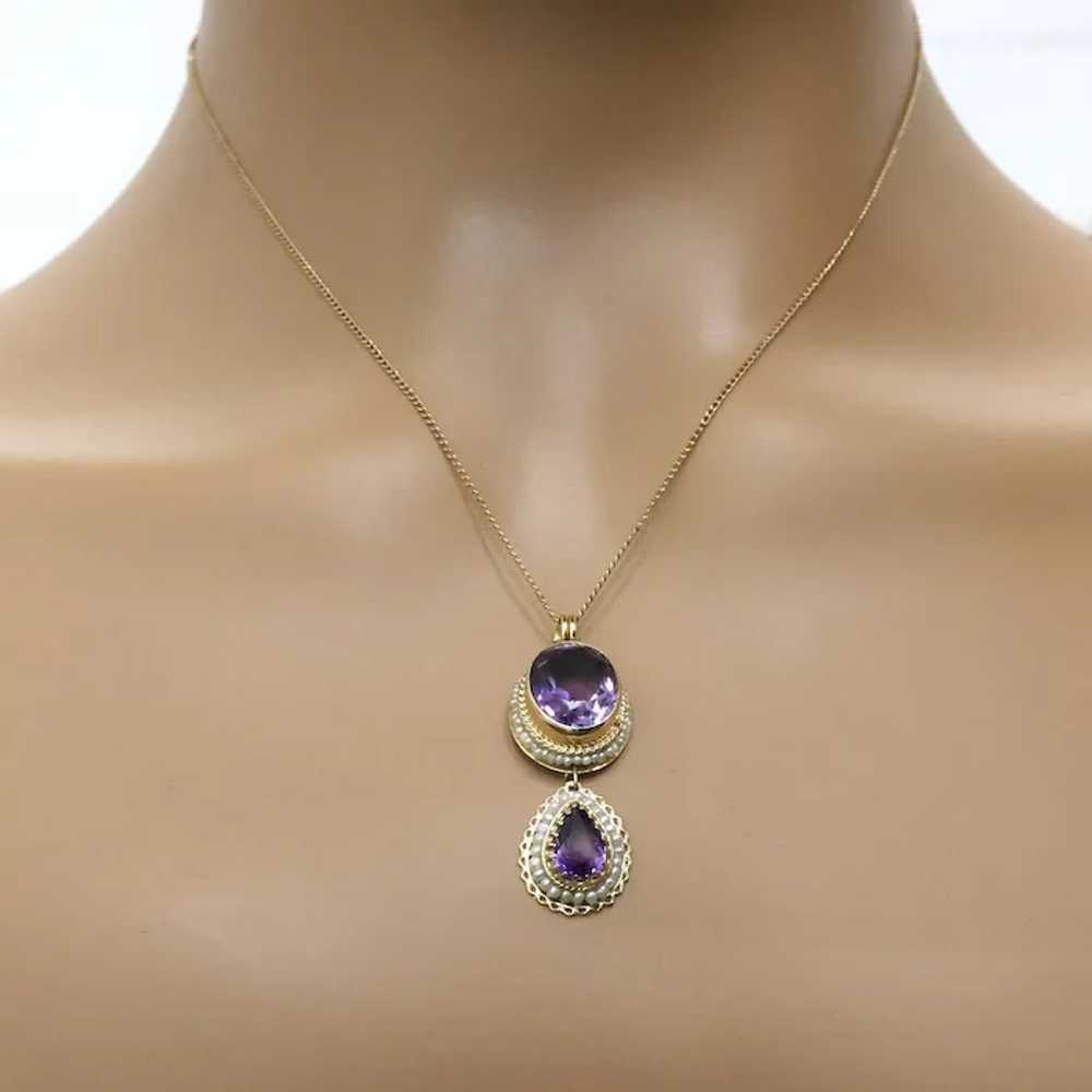 Amethyst Pearl Dangle Pendant 14K Yellow Gold 8.6… - image 2