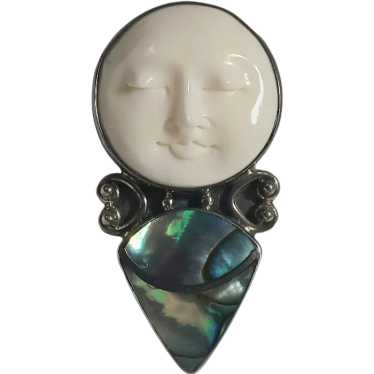 Sterling silver carved moon face ring abalone inla