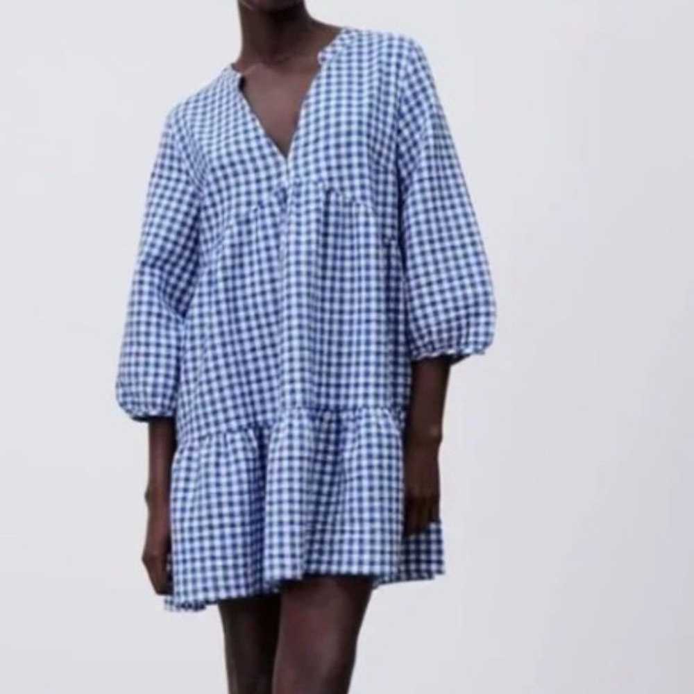 Zara Gingham Puff Sleeve Gingham Mini Dress Size … - image 1