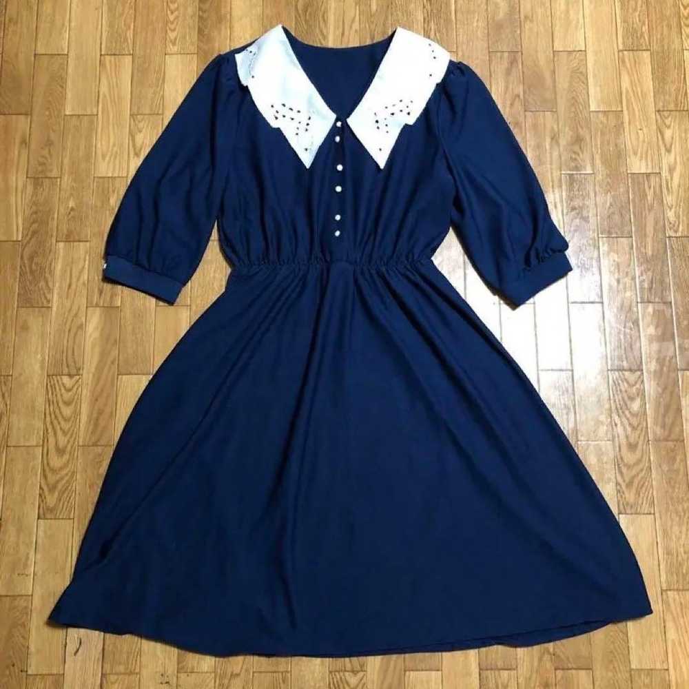 1980s USA-made SUE SHERRY color dress, navy blue,… - image 1