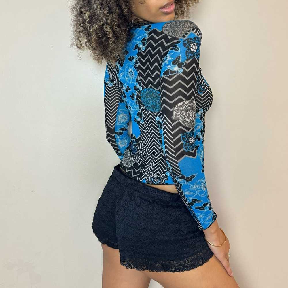 French vintage blue & black geometric mesh long s… - image 3