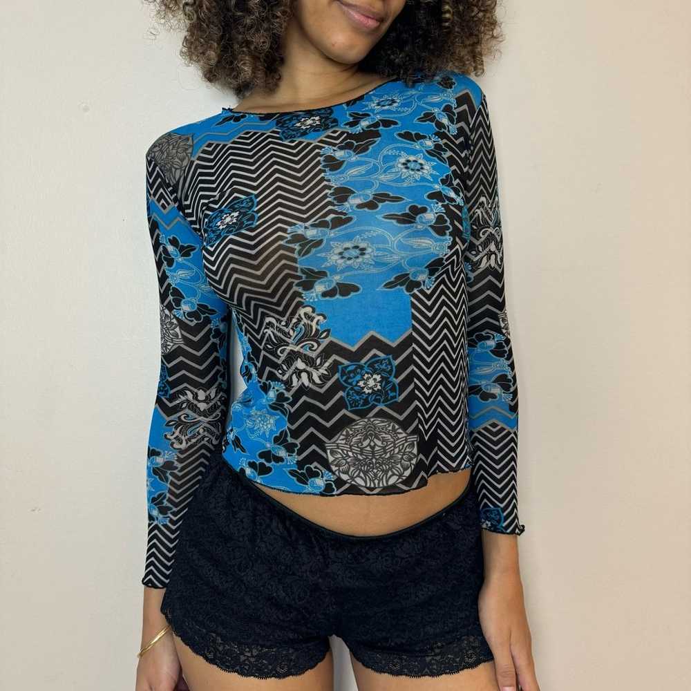 French vintage blue & black geometric mesh long s… - image 8