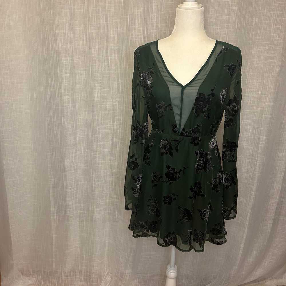 JOA Green Burn-Out Velvet Mini Dress with Bell Ar… - image 1