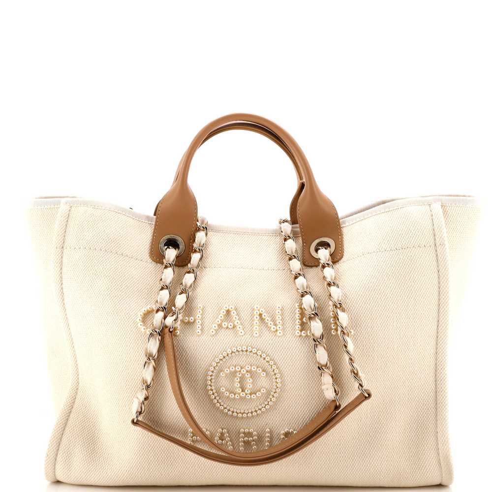 CHANEL Deauville Tote Pearl Embellished Canvas Me… - image 1