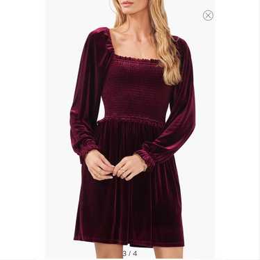 1.State Smocked Bodice Long Sleeve Maroon Velvet D