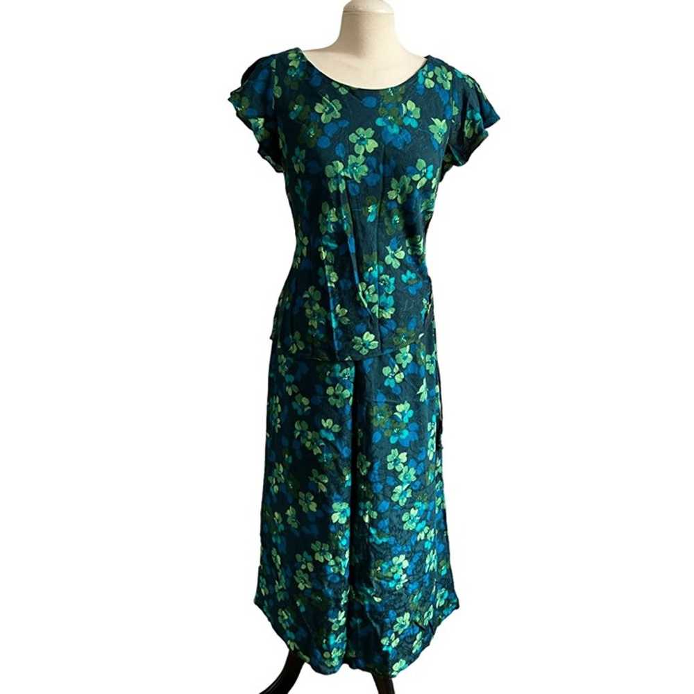 Vintage Karin Stevens Blue Green Floral Skirt Set… - image 1